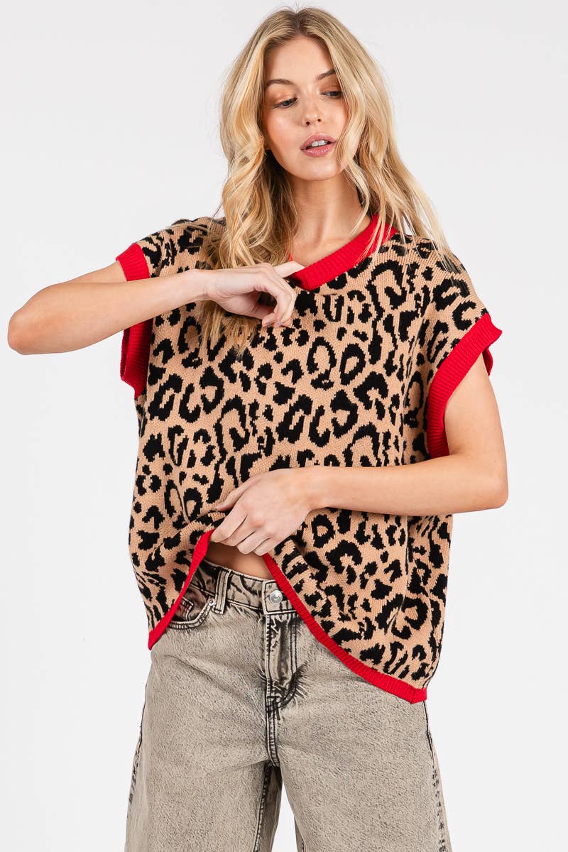 LEOPARD PRINT SLEEVELESS KNIT SWEATER VEST