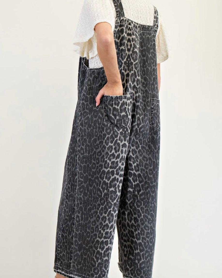 Washed Animal Print Twill Overalls