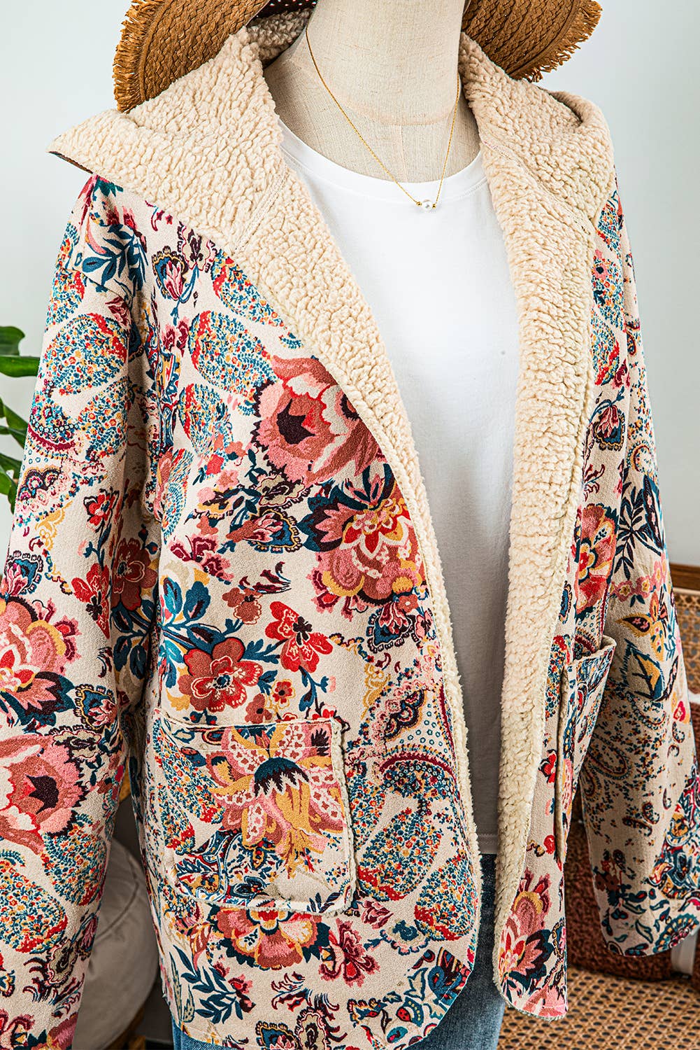 Vintage Paisley Floral Sherpa Hooded Jacket