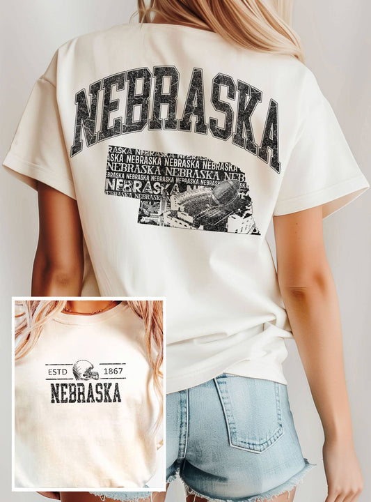 Nebraska Football State Front & Back Tee: Natural