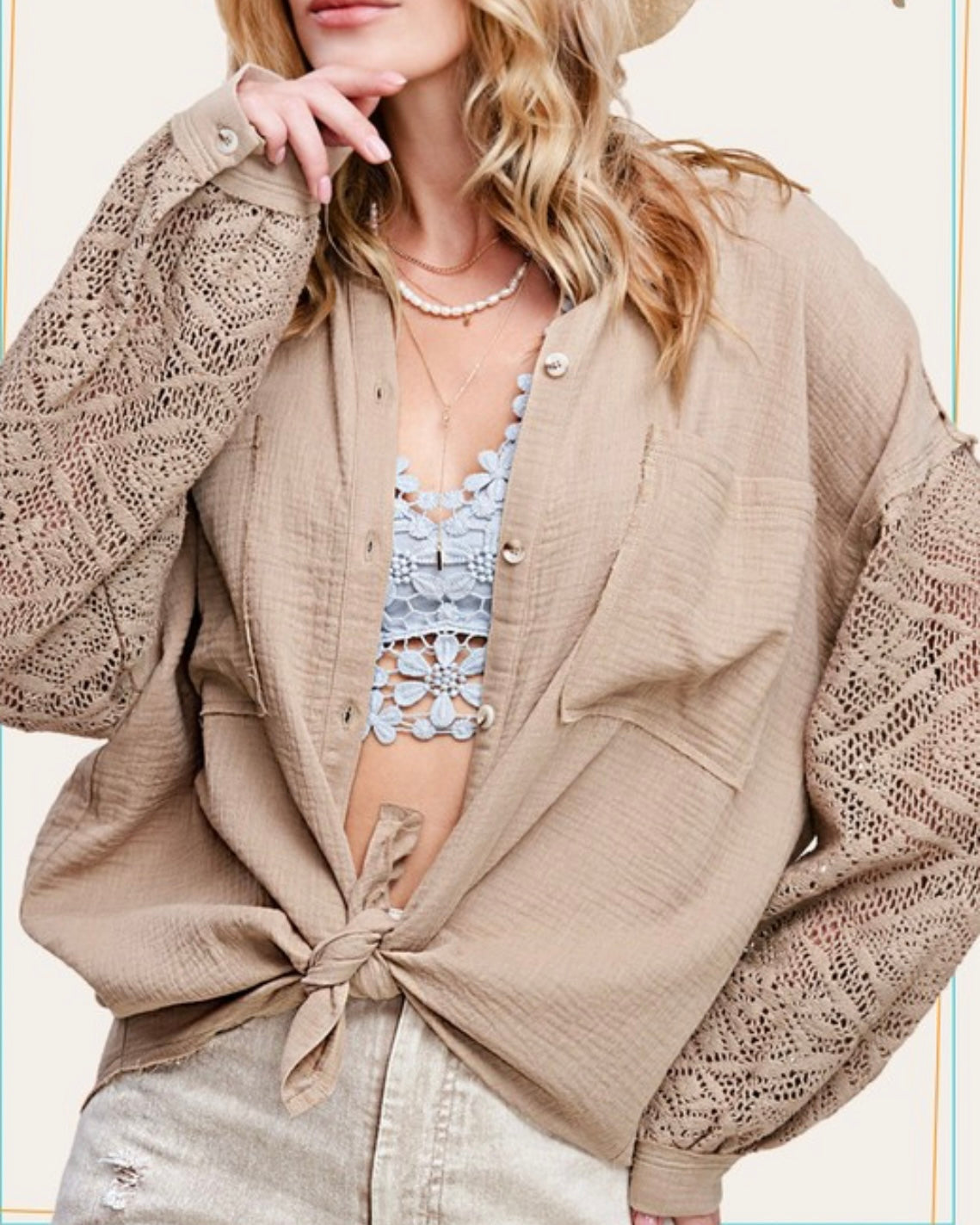 Crochet Trim Gauze Button Down