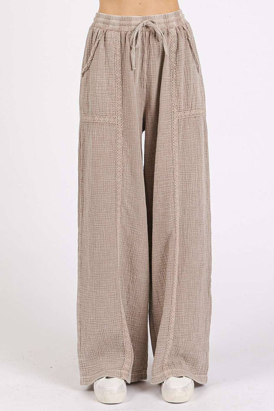 Lace Detail Elastic Waist Gauze Pants