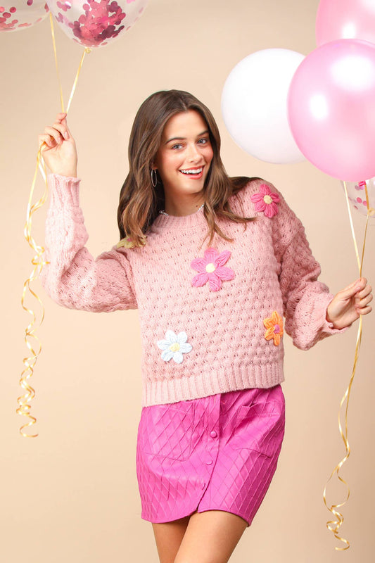 Hand Made Flower Applique Knit Sweater