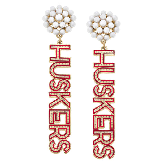Nebraska Cornhuskers Pearl Cluster Dotted Enamel Drop Earrings