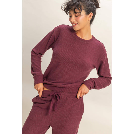 Brushed Crew Neck Long Sleeve Top: DARK CHERRY