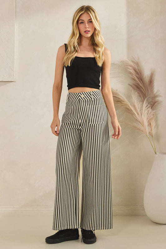 Lightweight Twill Stripe Wide Leg Pants (black)