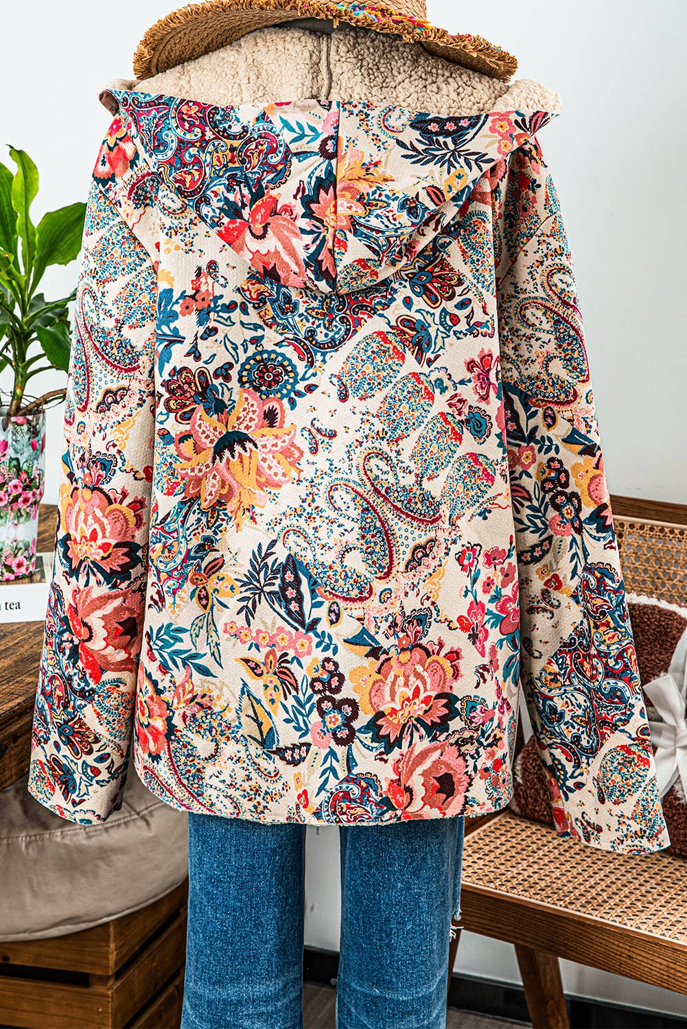 Vintage Paisley Floral Sherpa Hooded Jacket