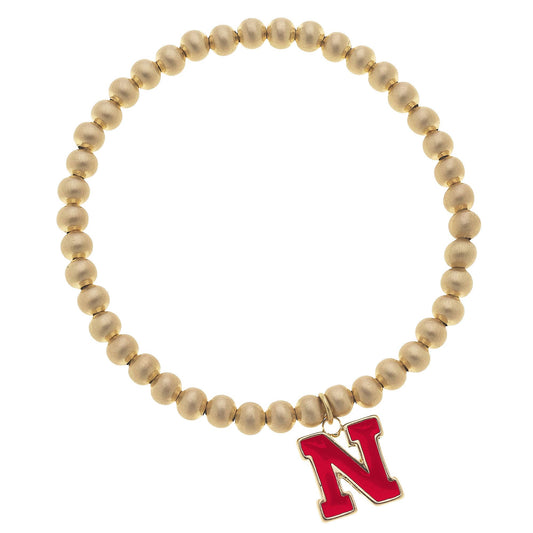 Nebraska Cornhuskers Ball Bead Stretch Bracelet in Satin Gold