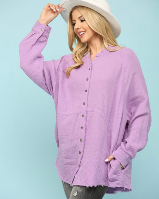 Gauze Button Down Pocket Top
