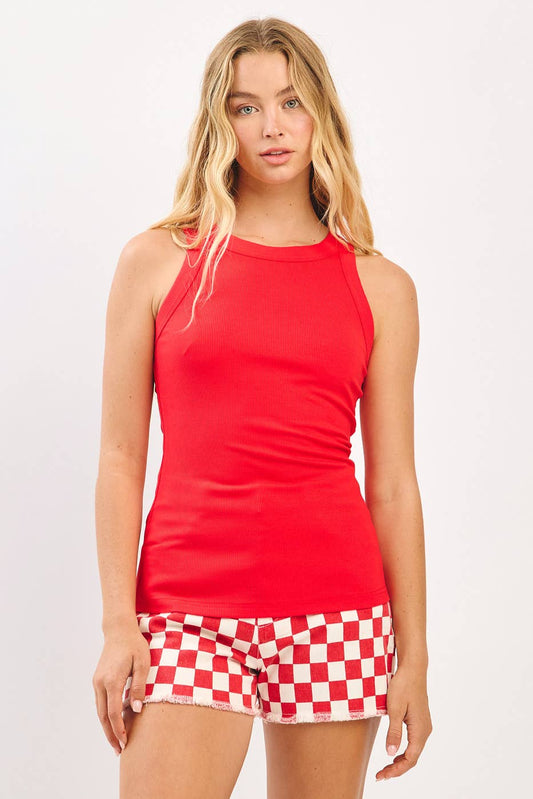 Red Ribbed Round Neck Tank