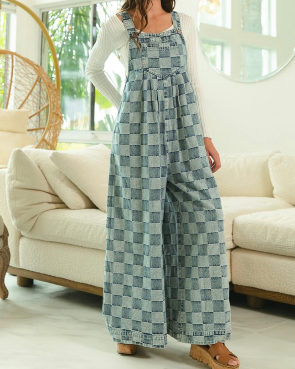 Washed Vintage Checkered Wide Leg Overalls