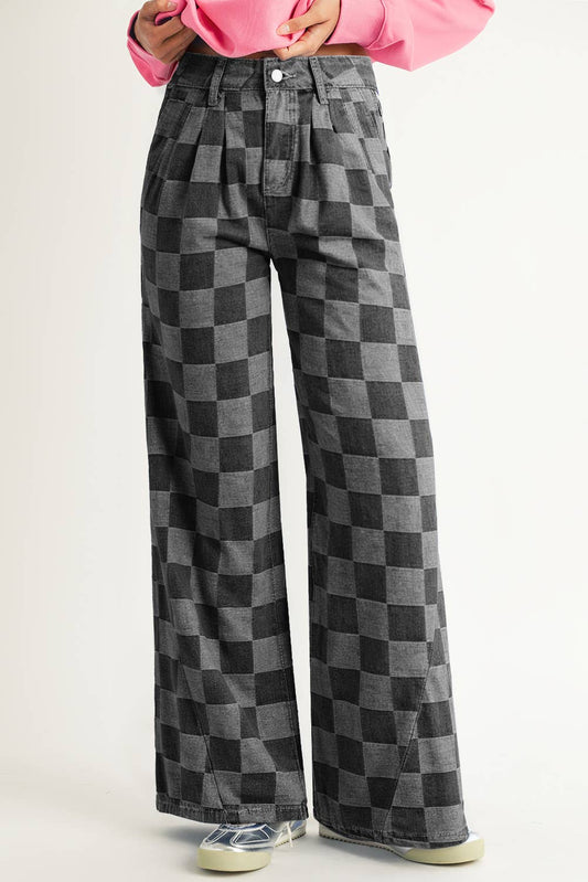 Grey Checkered Wide Leg Jeans