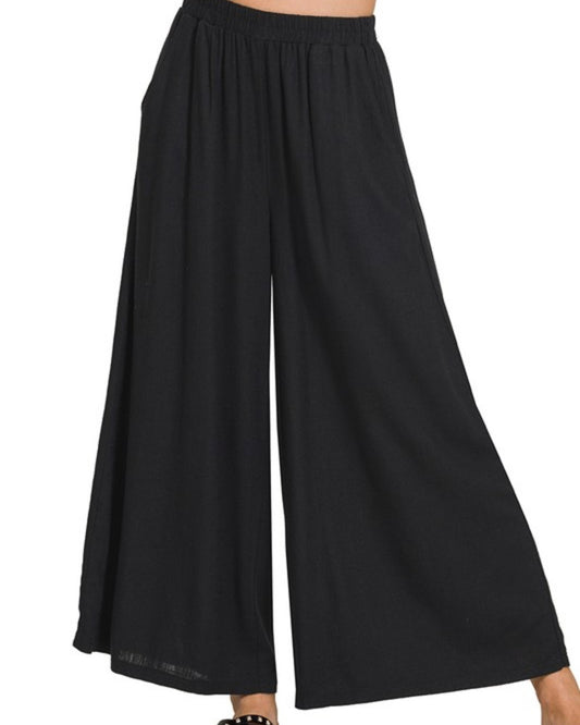 Woven Linen Blend Wide Leg Pants