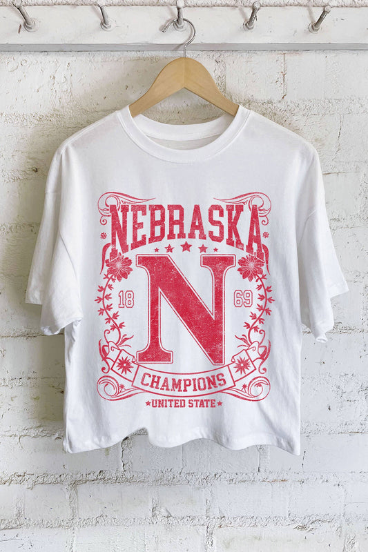 Nebraska Flower Long Crop Tee White