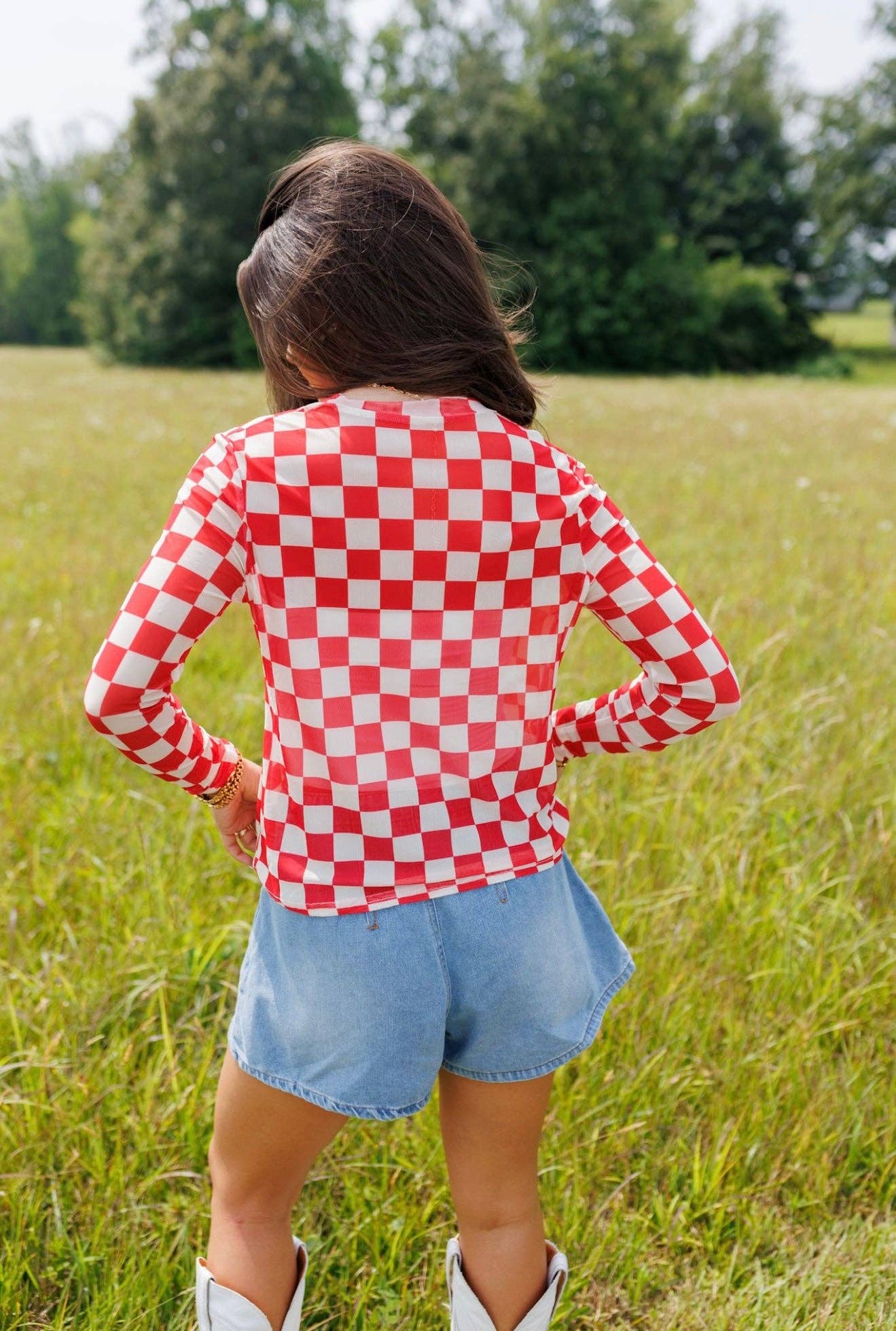 Red Checkerboard Mesh Top