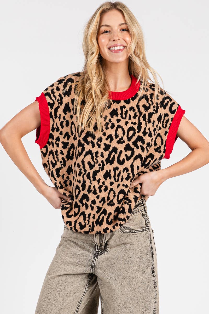 LEOPARD PRINT SLEEVELESS KNIT SWEATER VEST
