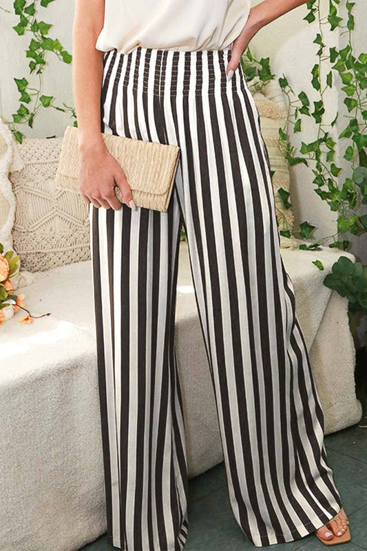 High-Rise Smocked Band Stripe Pants