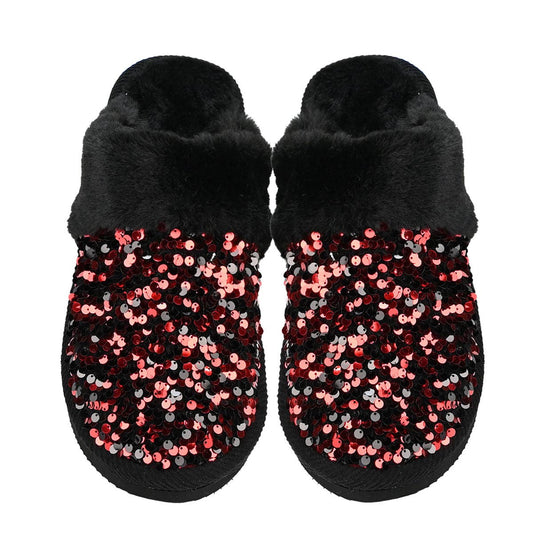 Sequin Faux Fur C.C Slippers:Red