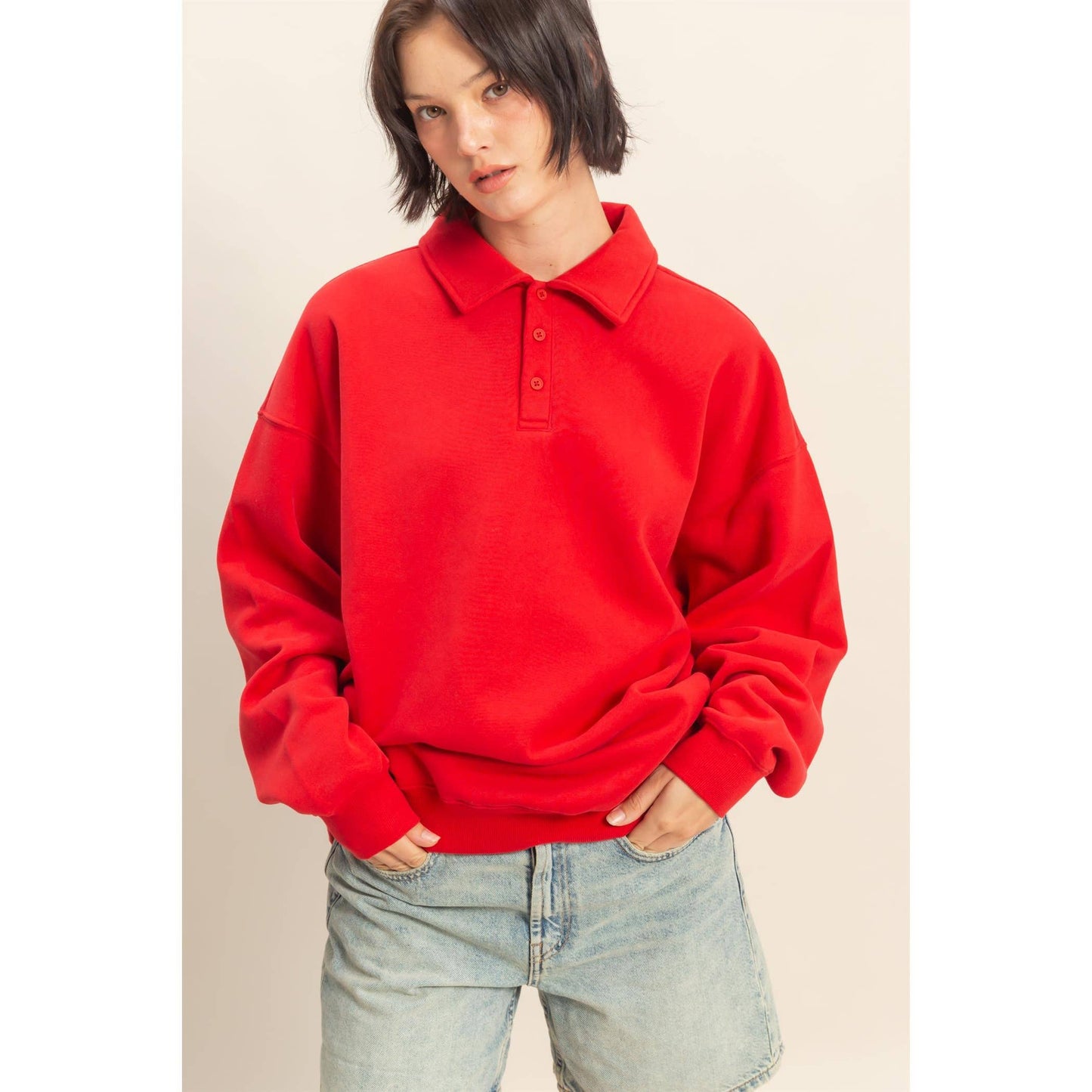 Oversized Polo Collared Pullover: RED