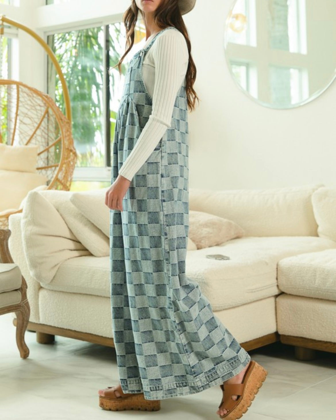 Washed Vintage Checkered Wide Leg Overalls