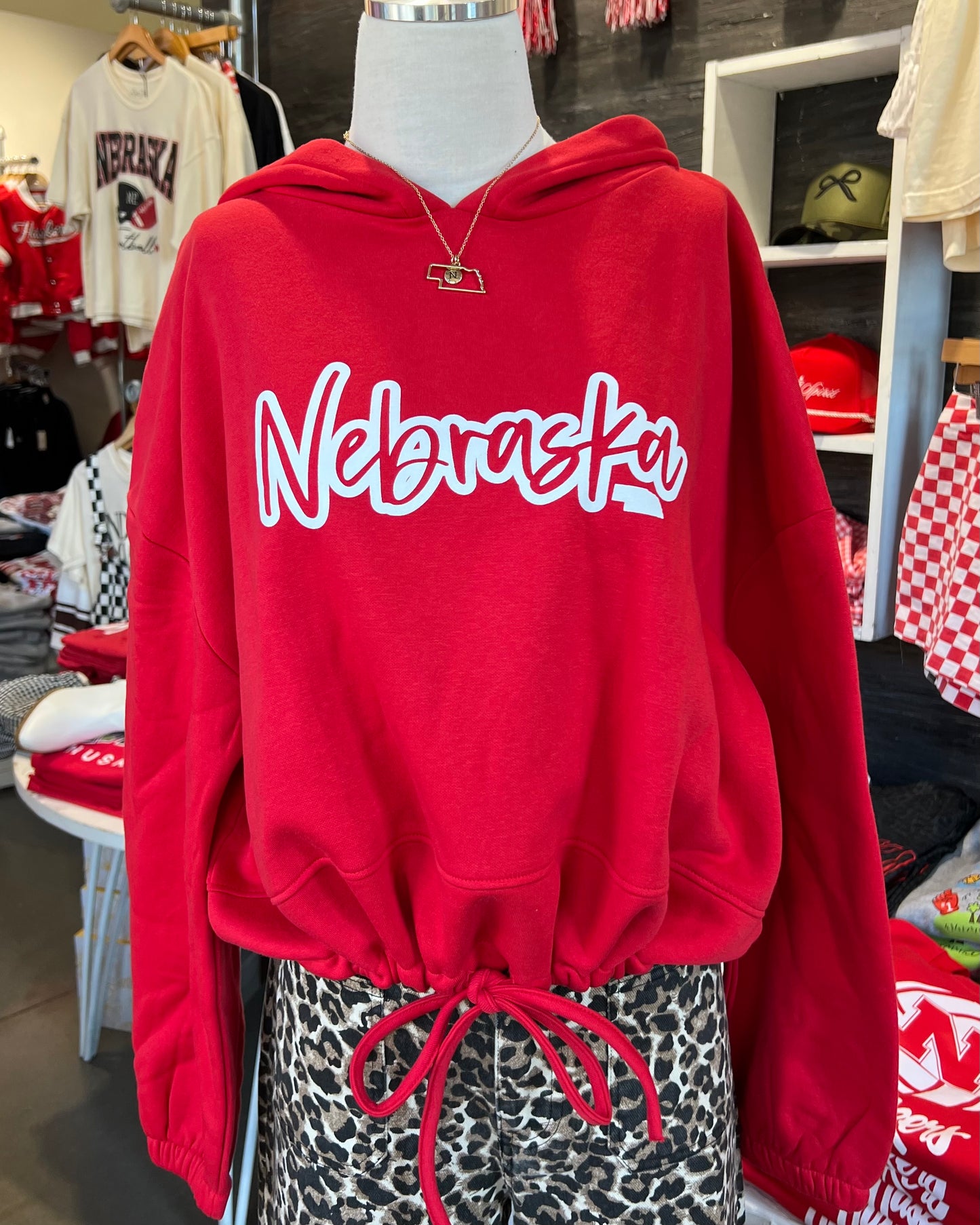 Nebraska Script Cropped Red Hoodie