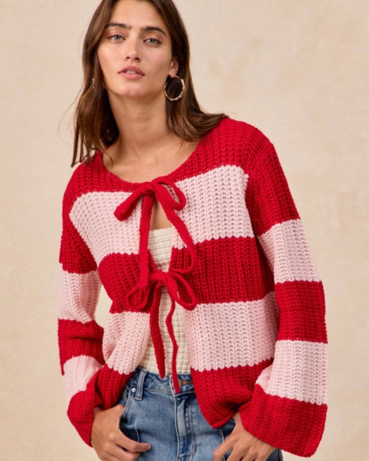 Striped Pink & Red Cardigan with Ties