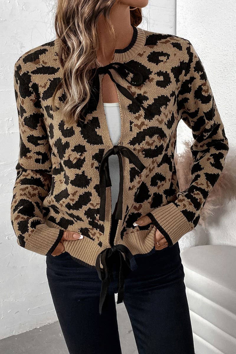 Leopard Print Bow Tie Knit Sweater