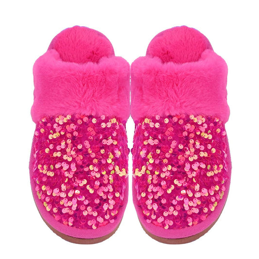 Sequin Faux Fur C.C Slippers:Hot Pink