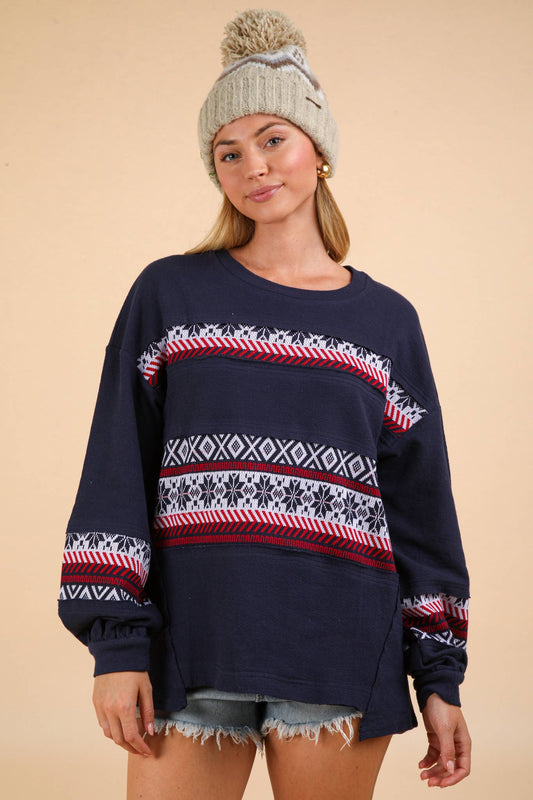 Oversized Printed Contrast Knit Top (Navy)