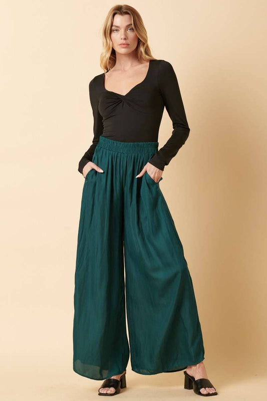 LIGHT SATIN WIDE LEG PANTS: HUNTER GREEN