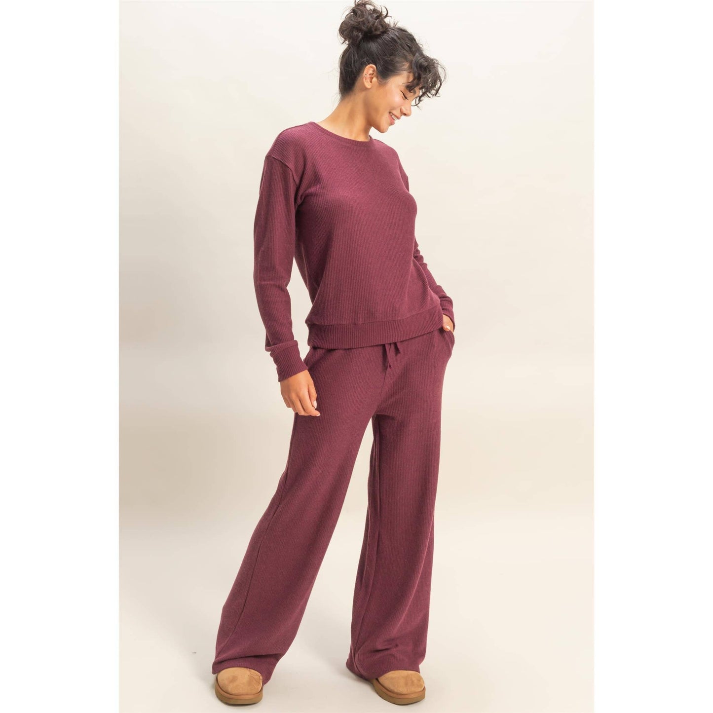 Brushed Crew Neck Long Sleeve Top: DARK CHERRY