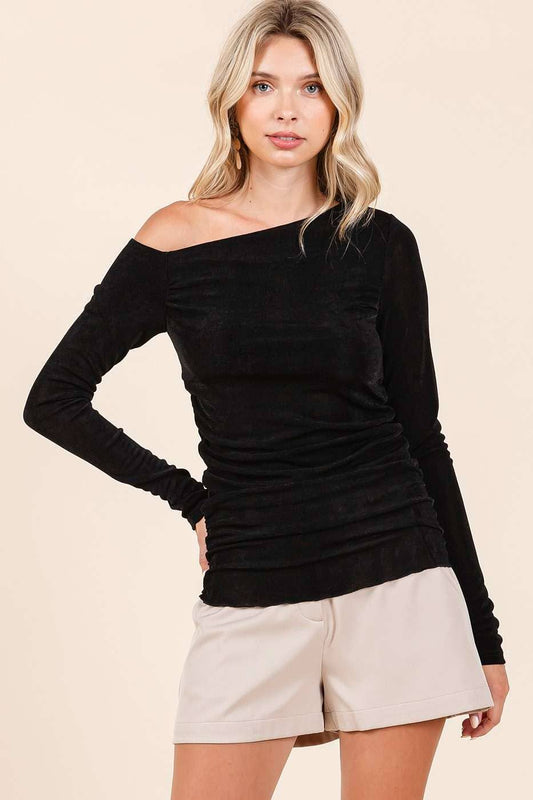 Rib Knit One Shoulder Long Sleeve Top