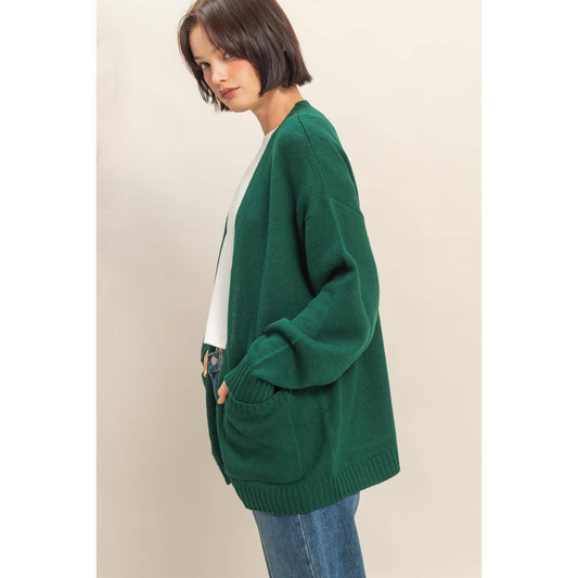 Oversized Cardigan With Pockets: DARK GREEN