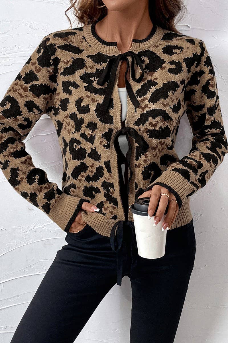 Leopard Print Bow Tie Knit Sweater