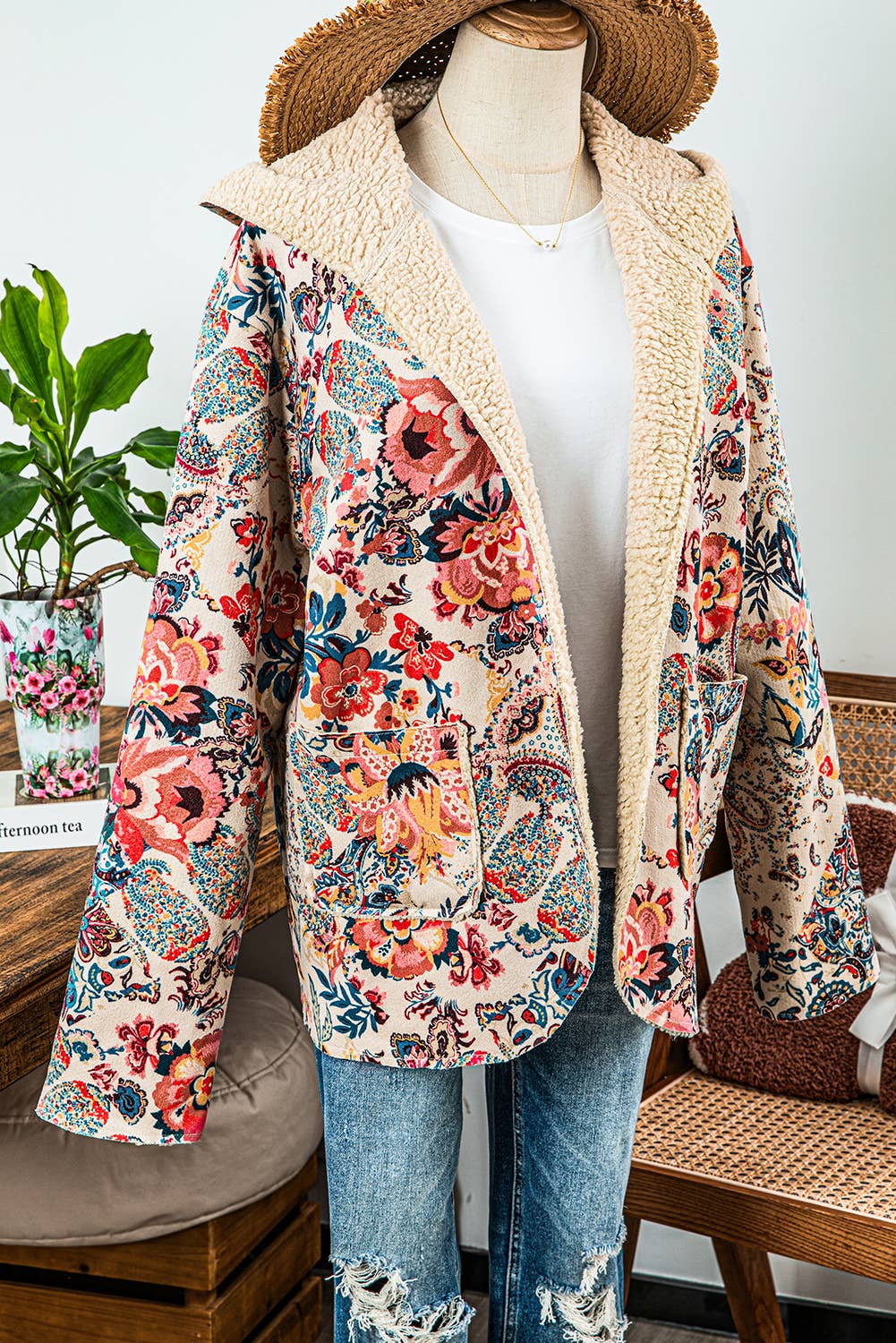 Vintage Paisley Floral Sherpa Hooded Jacket