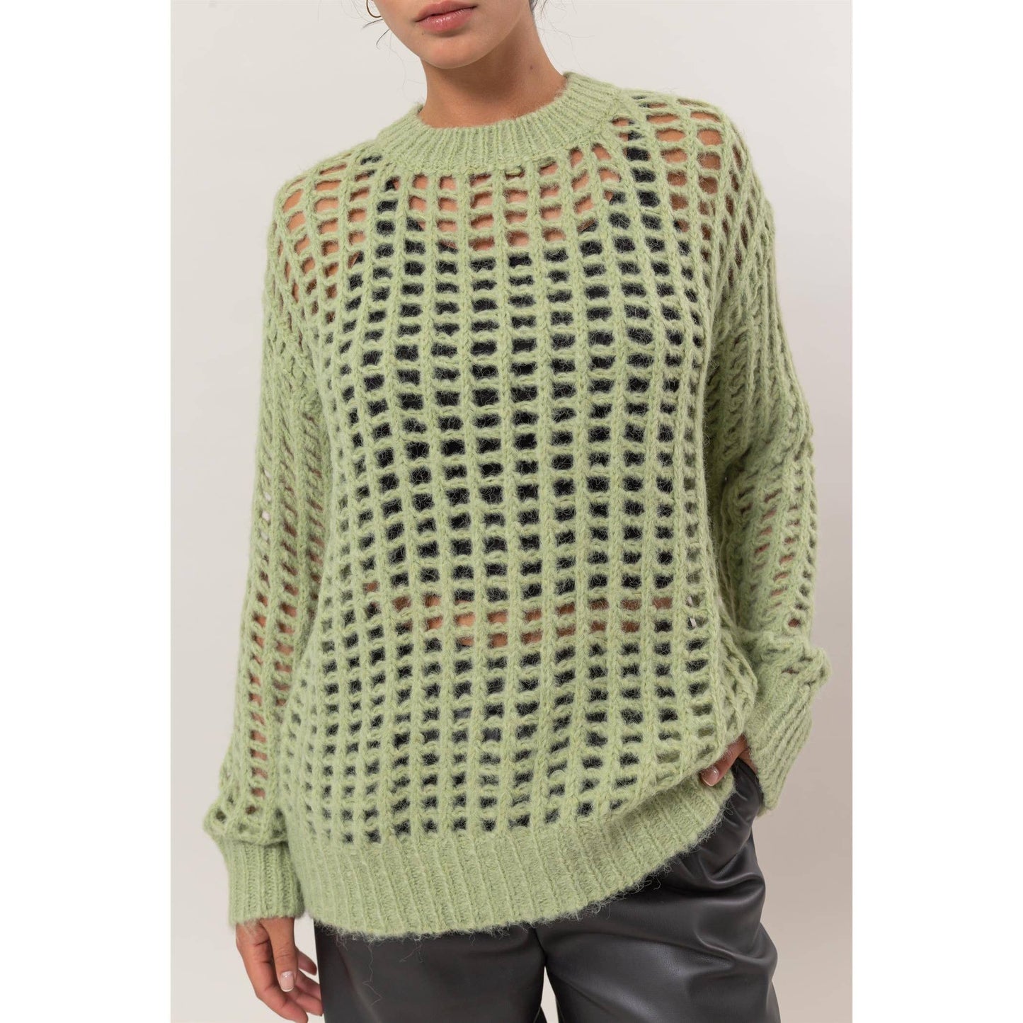 Open Stitch Long Sleeve Sweater: PASTEL GREEN