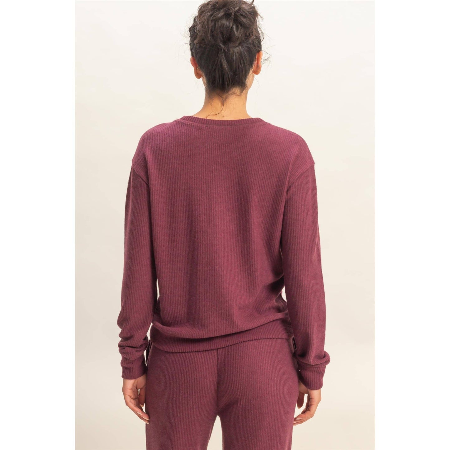 Brushed Crew Neck Long Sleeve Top: DARK CHERRY