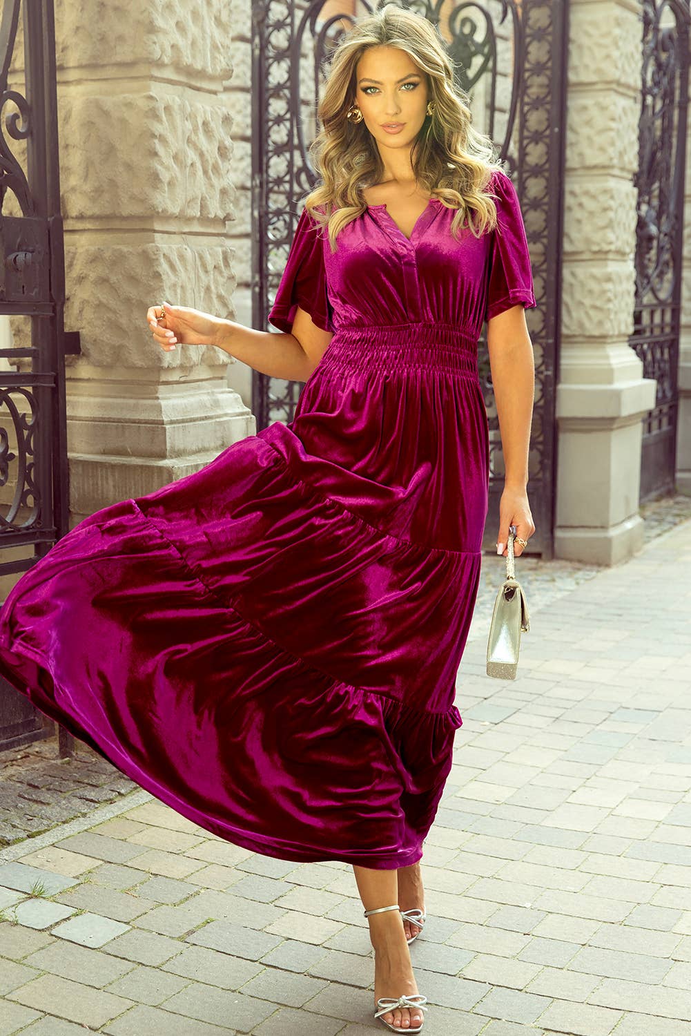 Berry Velvet Shirred Waist Maxi Dress