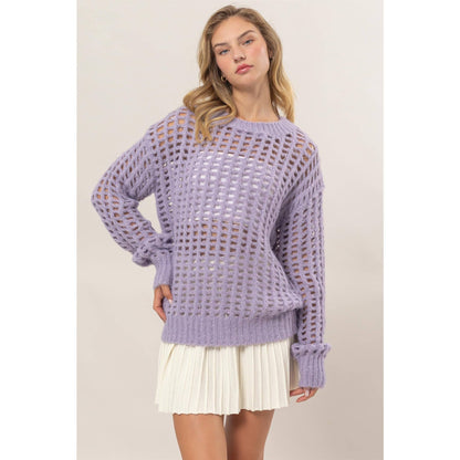 Open Stitch Long Sleeve Sweater: LILAC