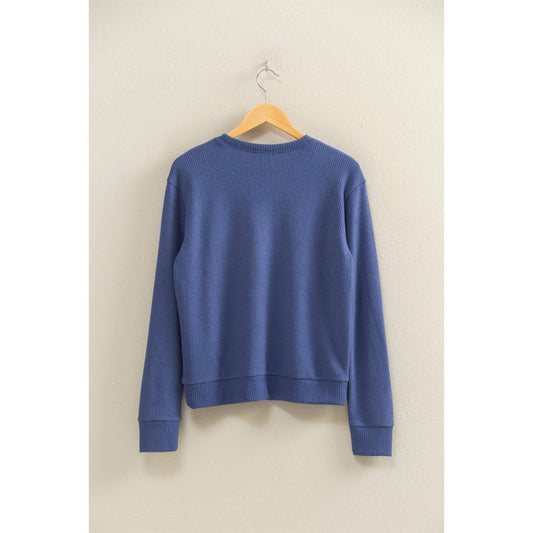 Brushed Crew Neck Long Sleeve Top: DUSTY INDIGO