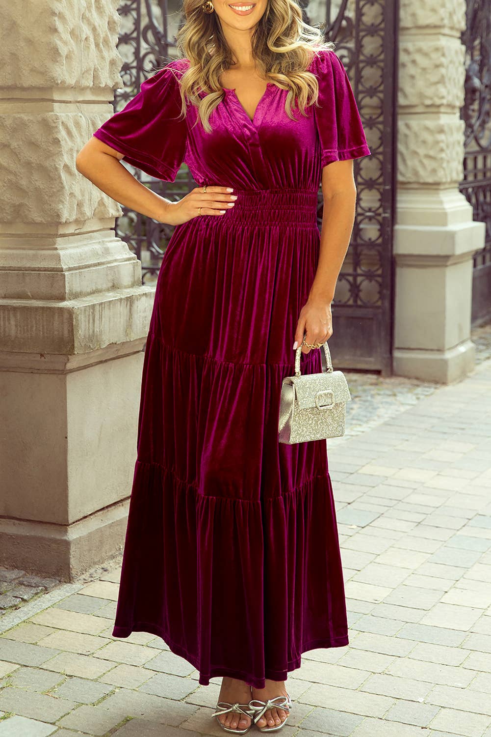 Berry Velvet Shirred Waist Maxi Dress