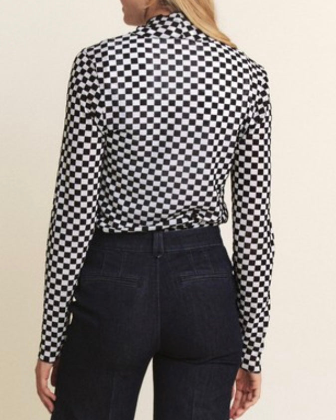 Long Sleeve Mesh Checkered Mock Neck Top