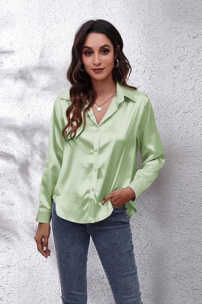 Button Down Satin Long Sleeve Top: White