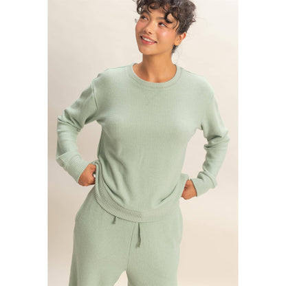 Brushed Crew Neck Long Sleeve Top: SAGE GREEN