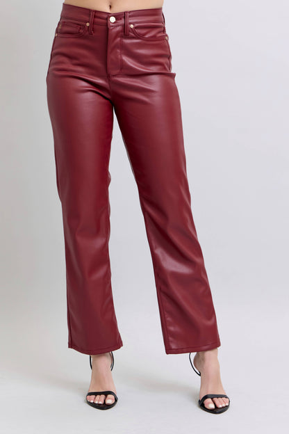 Faux Leather Tummy Control High Waisted Straight: Red