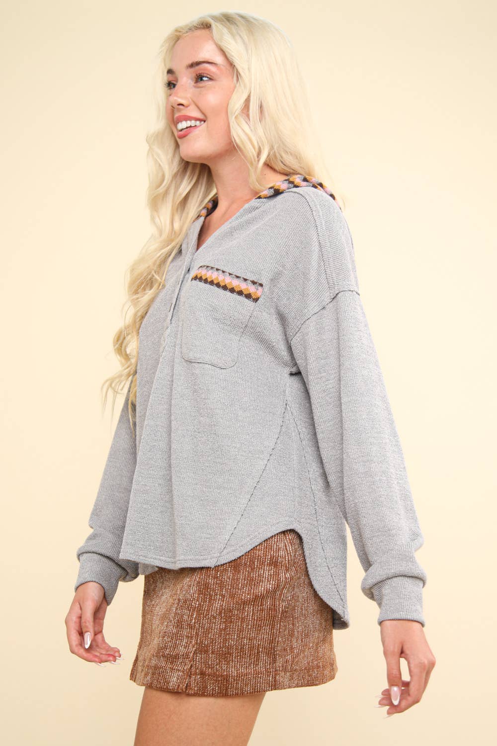 Oversized Contrast Knit Hoodie (gray)