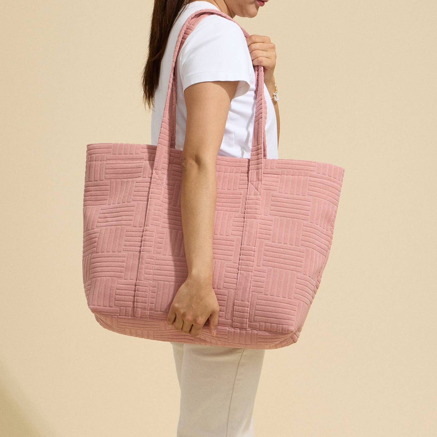Quilted Tote Bag with Woven Texture: Pink