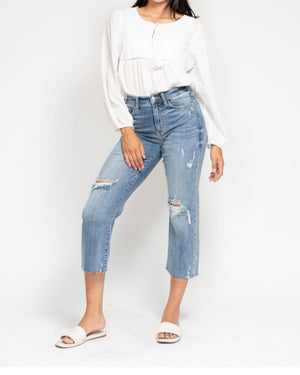 High Waist Destroy Wide Leg Crop Denim