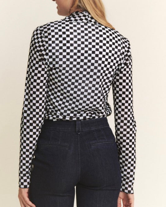 Long Sleeve Mesh Checkered Mock Neck Top
