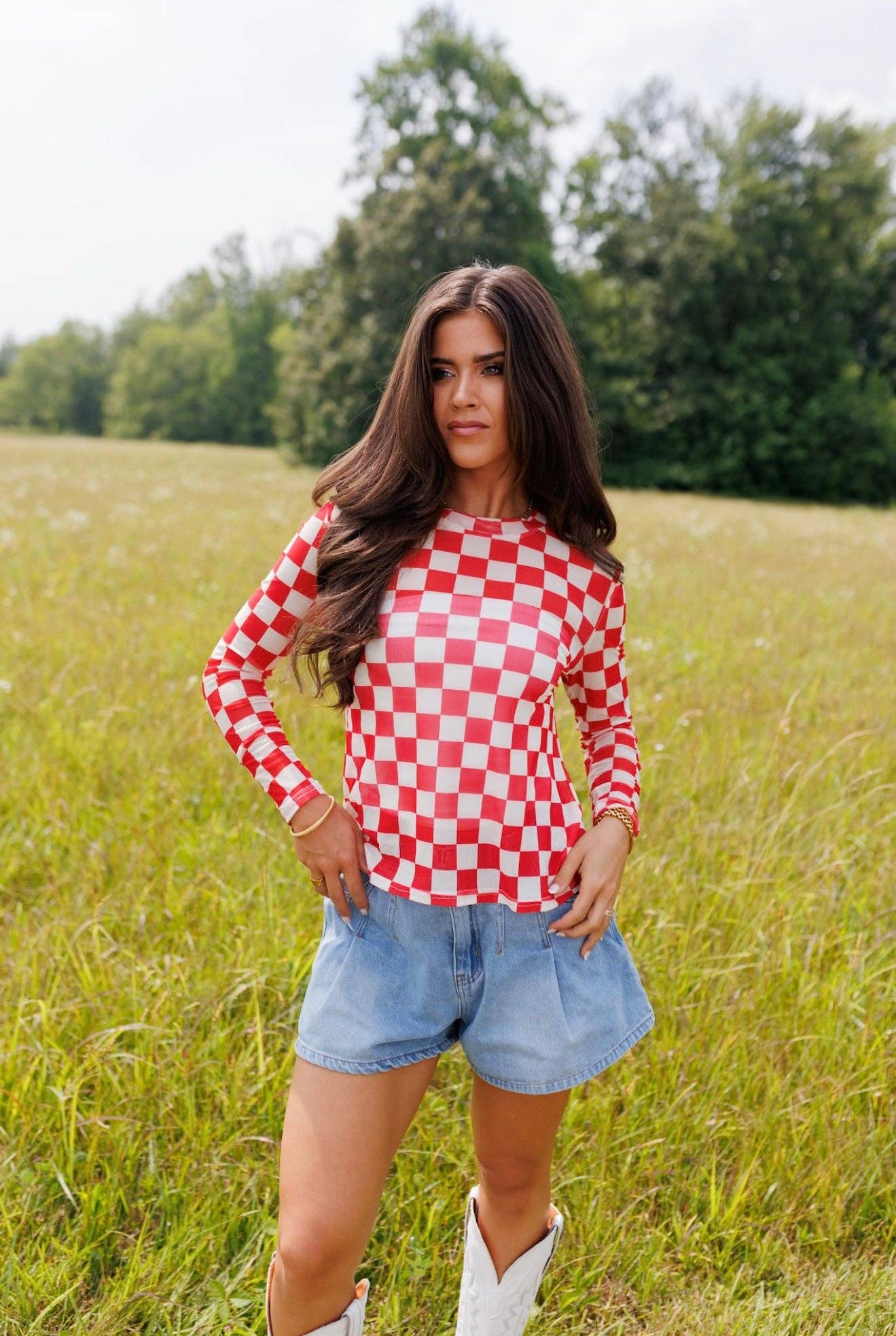 Red Checkerboard Mesh Top